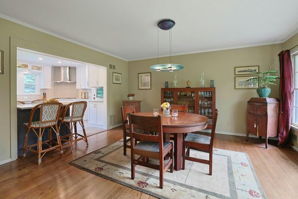 Dining room, Interior, Kitchen, Pendant Lights, Recessed Lighting, Wood Texture Flooring