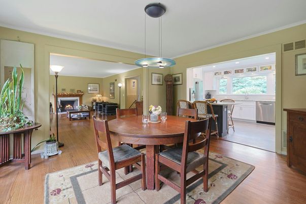 Dining room, Fireplace, Interior, Kitchen, Pendant Lights, Recessed Lighting, Wood Texture Flooring