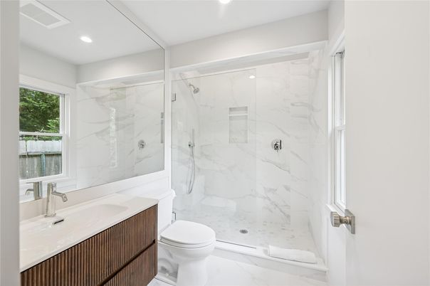 Bathroom, Glass Shower, Interior, Marble, Marble Walls, Recessed Lighting