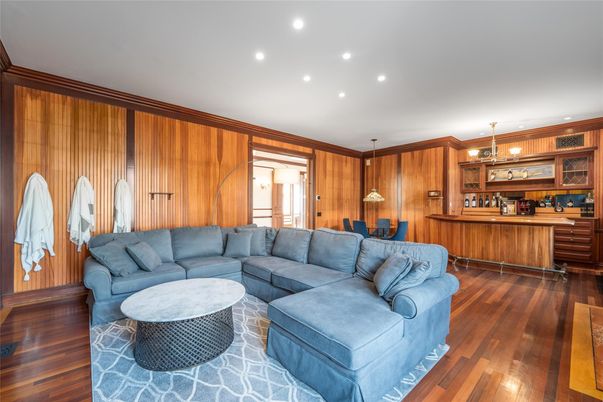 Interior, Kitchen, Living room, Pendant Lights, Recessed Lighting, Wood Texture Flooring, Wooden Walls