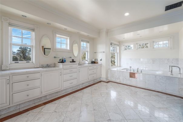 Bathroom, Dual Sink Vanities, Interior, Marble, Recessed Lighting