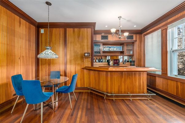 Dining room, Interior, Pendant Lights, Recessed Lighting, Wood Texture Flooring, Wooden Walls