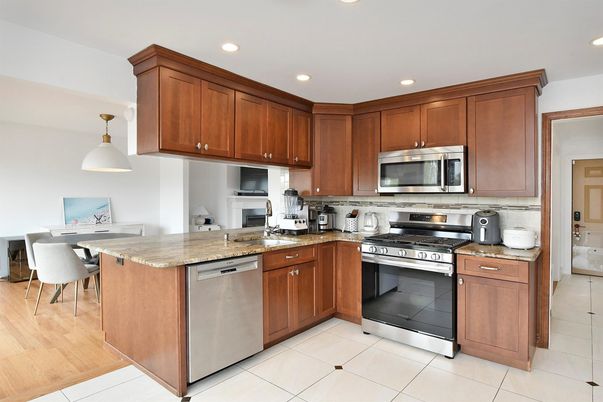 Dining room, Interior, Kitchen, Recessed Lighting, Stainless Steel Appliances, Wood Texture Flooring