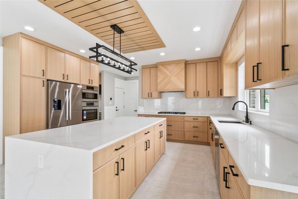 Interior, Kitchen, Pendant Lights, Recessed Lighting, Stainless Steel Appliances, Wooden Ceilings