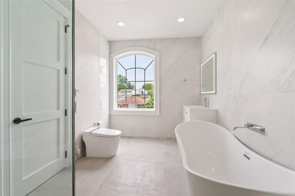 Bathroom, Free Standing Baths, Glass Shower, Interior, Marble Walls, Recessed Lighting