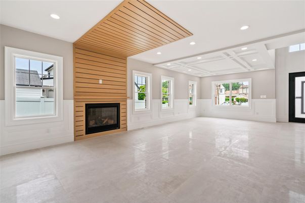 Empty room, Fireplace, Interior, Recessed Lighting, Wooden Ceilings, Wooden Walls