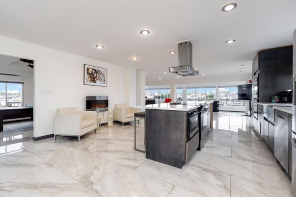 Fireplace, Interior, Kitchen, Living room, Marble, Pendant Lights, Recessed Lighting, Water