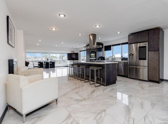 Dining room, Interior, Kitchen, Living room, Marble, Recessed Lighting, Stainless Steel Appliances