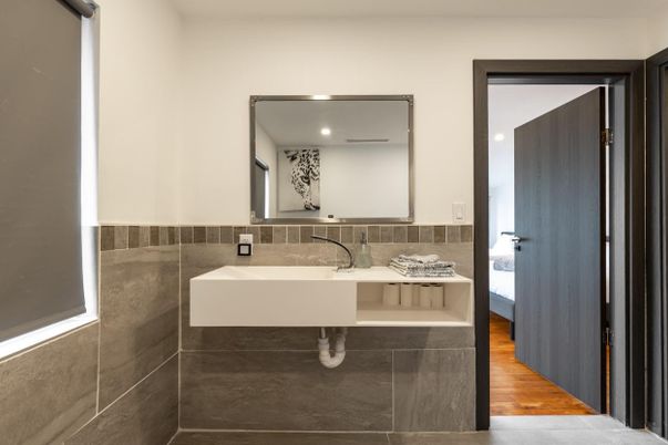 Bathroom, Interior, Recessed Lighting, Wood Texture Flooring