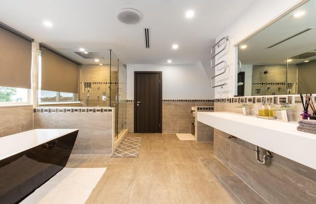 Bathroom, Glass Shower, Interior, Recessed Lighting, Wood Texture Flooring