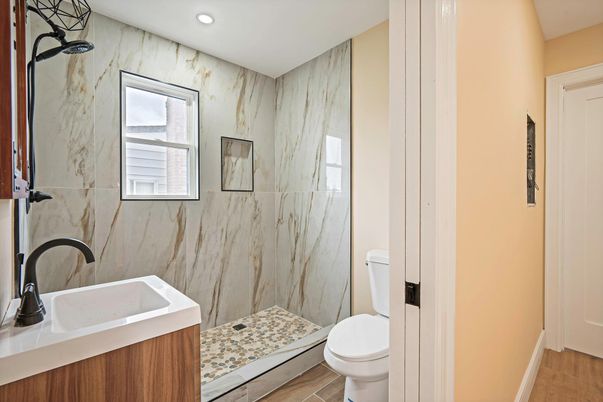 Bathroom, Interior, Marble Walls, Recessed Lighting, Wood Texture Flooring