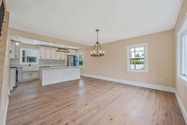 Empty room, Interior, Kitchen, Pendant Lights, Recessed Lighting, Wood Texture Flooring