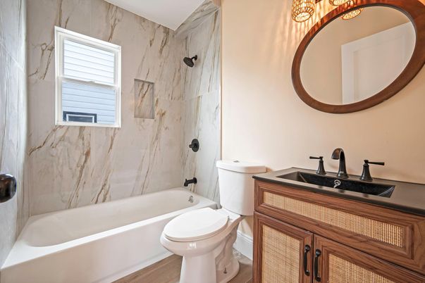 Bathroom, Interior, Marble Walls, Wood Texture Flooring