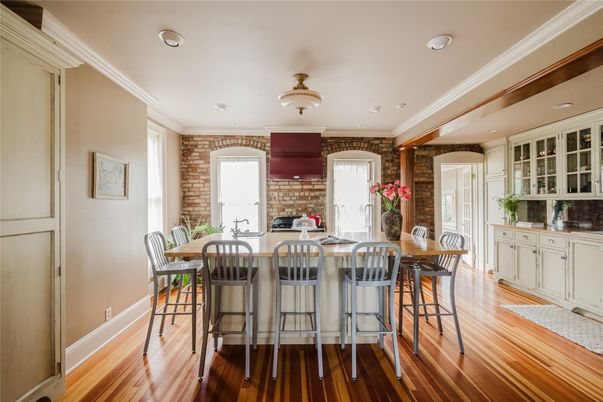 Dining room, Interior, Kitchen, Recessed Lighting, Stone Walls, Wood Texture Flooring