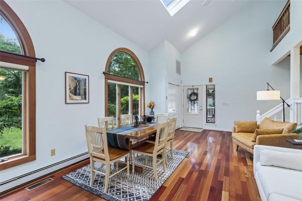 Dining room, Interior, Living room, Recessed Lighting, Wood Texture Flooring