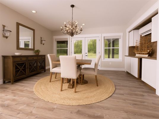 Chandelier, Dining room, Interior, Pendant Lights, Recessed Lighting, Wood Texture Flooring