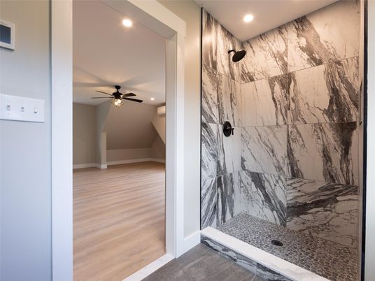 Bathroom, Interior, Marble Walls, Recessed Lighting, Wood Texture Flooring