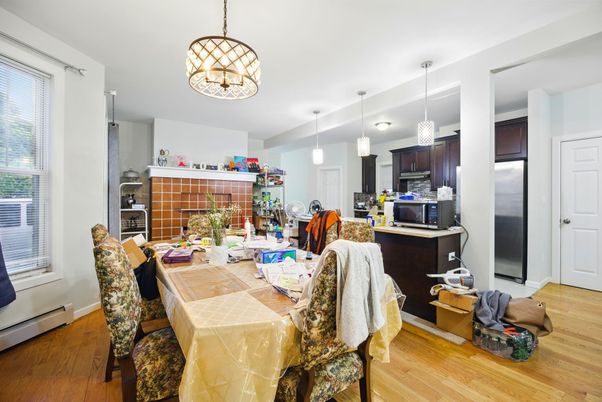 Dining room, Interior, Kitchen, Pendant Lights, Stainless Steel Appliances, Wood Texture Flooring