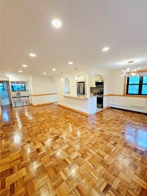Empty room, Fireplace, Interior, Kitchen, Pendant Lights, Recessed Lighting, Wood Texture Flooring