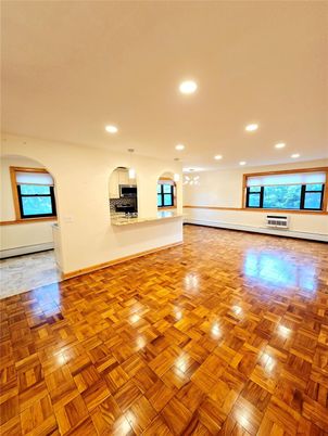 Empty room, Interior, Kitchen, Pendant Lights, Recessed Lighting, Wood Texture Flooring