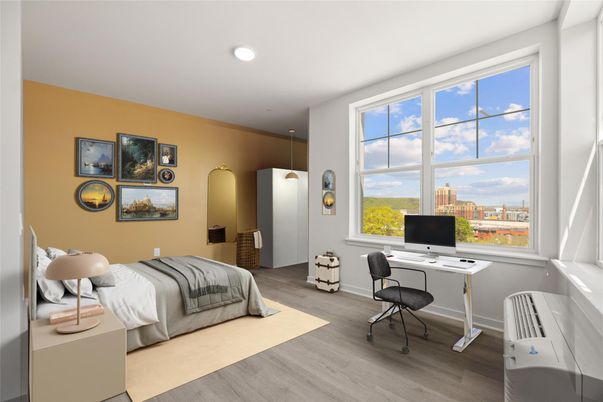Bedroom, Home Office, Interior, Pendant Lights, Recessed Lighting, Wood Texture Flooring