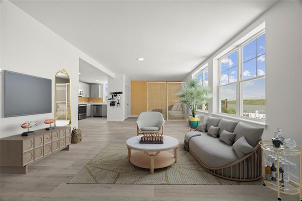 Interior, Kitchen, Living room, Recessed Lighting, Stainless Steel Appliances, Wood Texture Flooring