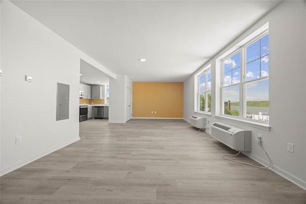 Empty room, Interior, Kitchen, Recessed Lighting, Wood Texture Flooring