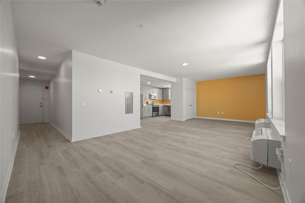 Empty room, Interior, Kitchen, Recessed Lighting, Wood Texture Flooring