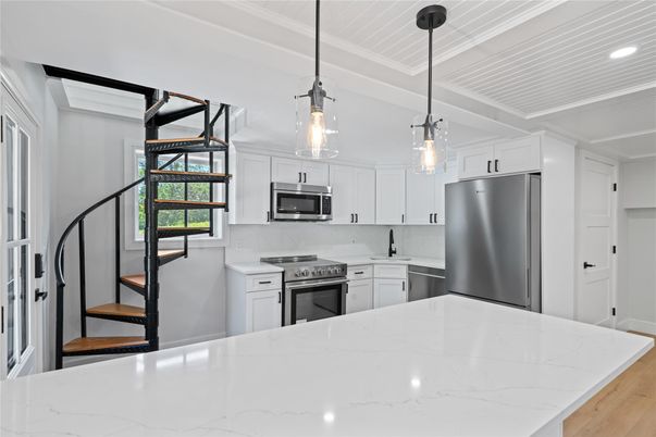 Interior, Kitchen, Pendant Lights, Recessed Lighting, Stainless Steel Appliances, Wood Texture Flooring