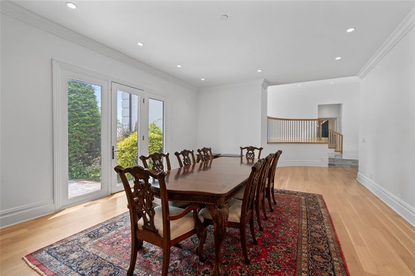 Dining room, Interior, Recessed Lighting, Wood Texture Flooring