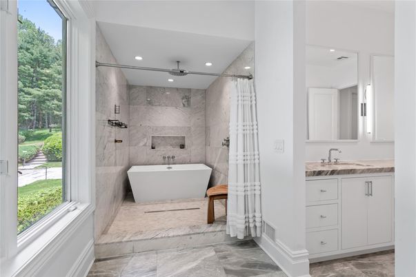 Bathroom, Free Standing Baths, Interior, Marble, Marble Walls, Recessed Lighting