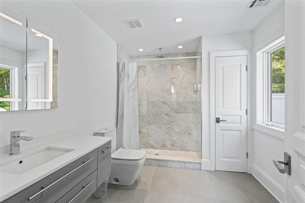 Bathroom, Glass Shower, Interior, Marble Walls, Recessed Lighting
