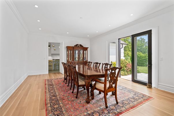 Dining room, Interior, Recessed Lighting, Wood Texture Flooring
