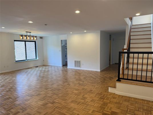 Chandelier, Empty room, Interior, Pendant Lights, Recessed Lighting, Wood Texture Flooring