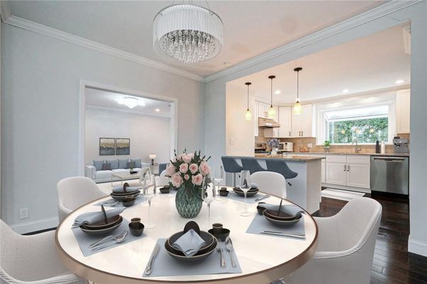 Chandelier, Dining room, Interior, Kitchen, Pendant Lights, Recessed Lighting, Stainless Steel Appliances, Wood Texture Flooring
