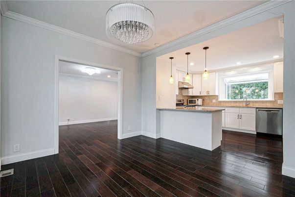 Chandelier, Interior, Kitchen, Pendant Lights, Recessed Lighting, Stainless Steel Appliances, Wood Texture Flooring