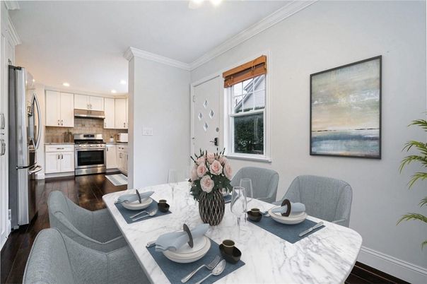 Dining room, Interior, Kitchen, Recessed Lighting, Stainless Steel Appliances, Wood Texture Flooring