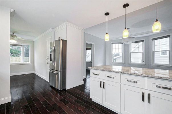 Interior, Kitchen, Pendant Lights, Wood Texture Flooring