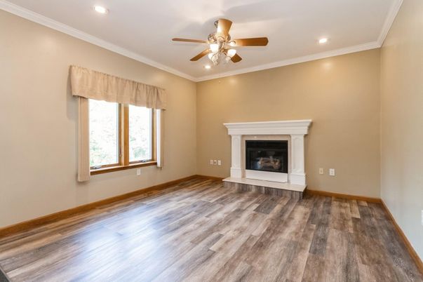 Empty room, Fireplace, Interior, Recessed Lighting, Wood Texture Flooring