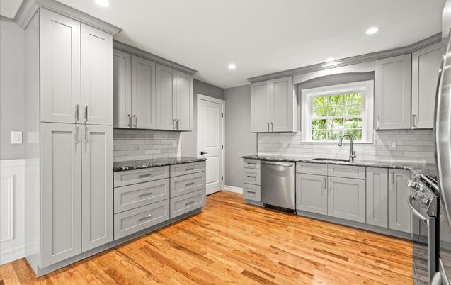 Interior, Kitchen, Recessed Lighting, Stainless Steel Appliances, Wood Texture Flooring