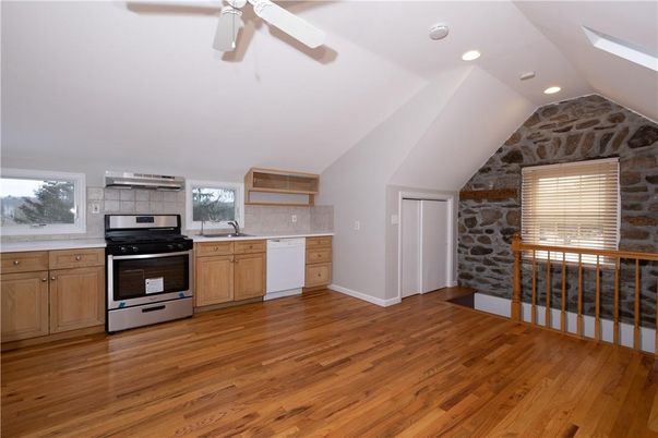 Interior, Kitchen, Recessed Lighting, Stone Walls, Wood Texture Flooring