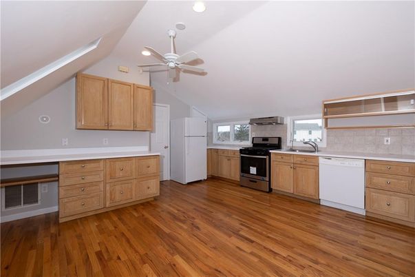 Interior, Kitchen, Recessed Lighting, Stainless Steel Appliances, Wood Texture Flooring