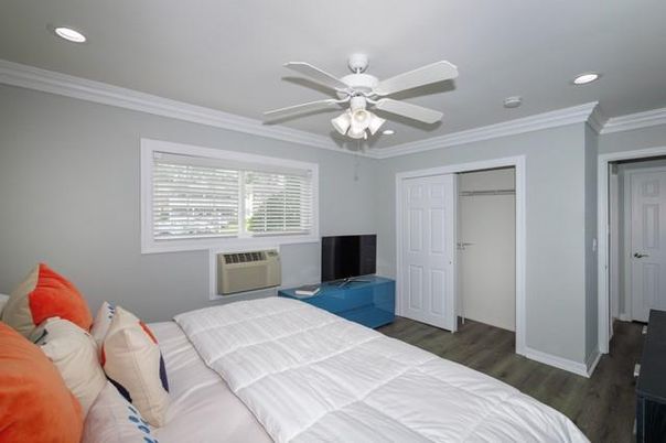 Bedroom, Interior, Recessed Lighting, Wood Texture Flooring