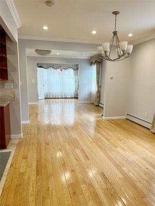 Chandelier, Empty room, Interior, Recessed Lighting, Wood Texture Flooring