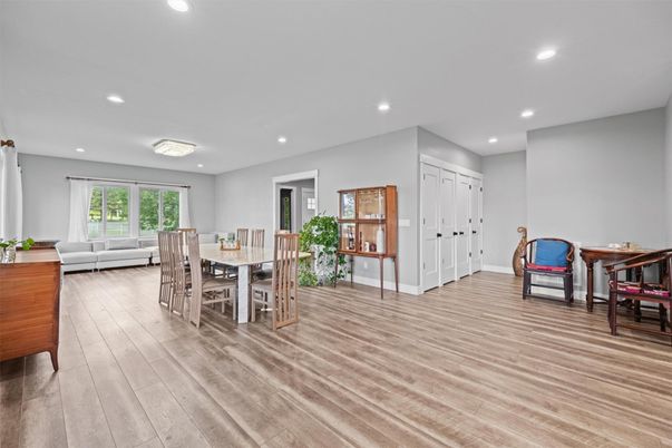 Dining room, Interior, Living room, Recessed Lighting, Wood Texture Flooring