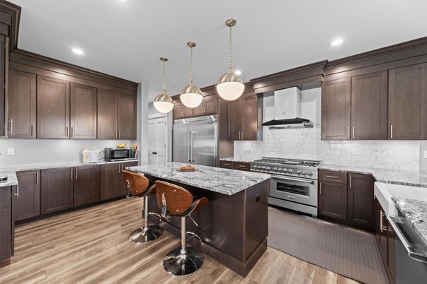 Interior, Kitchen, Pendant Lights, Recessed Lighting, Stainless Steel Appliances, Wood Texture Flooring