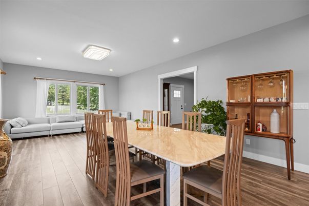 Dining room, Interior, Living room, Recessed Lighting, Wood Texture Flooring