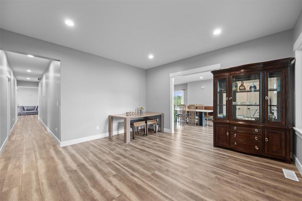 Dining room, Interior, Recessed Lighting, Wood Texture Flooring