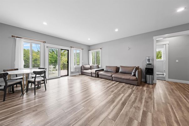 Dining room, Interior, Living room, Recessed Lighting, Wood Texture Flooring