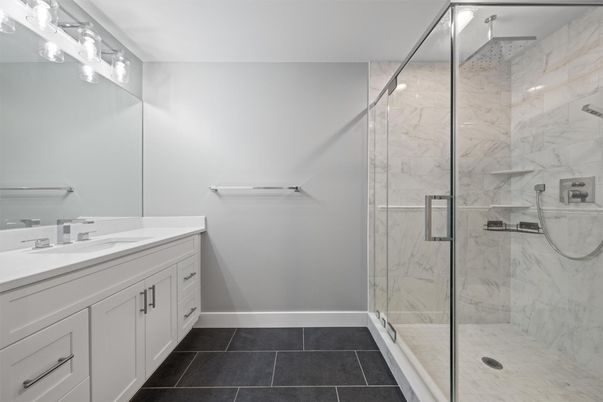 Bathroom, Dual Sink Vanities, Glass Shower, Interior, Marble Walls